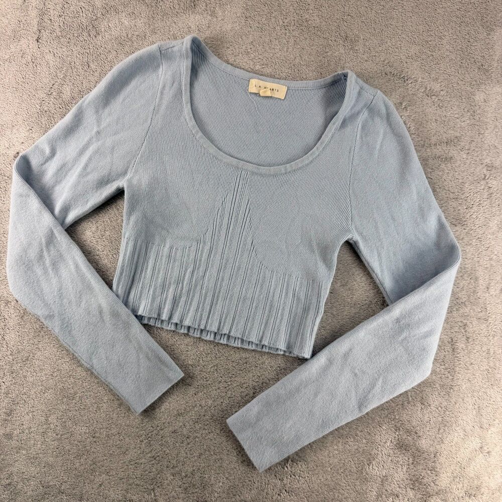 LA Hearts Women's XS Light Blue Cropped Sweater Scoop Neck Ribbed Knit Long Slee